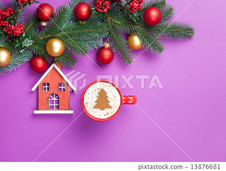 cappuccino and christmas tree shape with toy house 13876681
