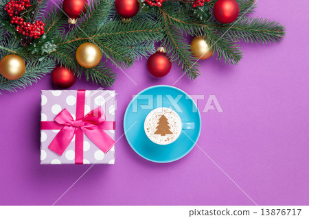 cappuccino and christmas tree shape with gift box 13876717