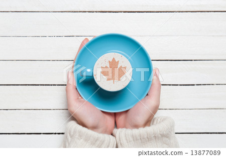 Female hands holding cup of coffee on wooden table. Female hands holding cup of coffee on wooden table. 13877089