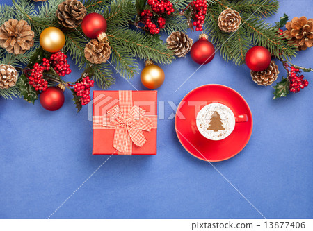 cappuccino with christmas tree shape and gift cappuccino with christmas tree shape and gift 13877406
