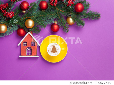 cappuccino and christmas tree shape with toy house cappuccino and christmas tree shape with toy house 13877649