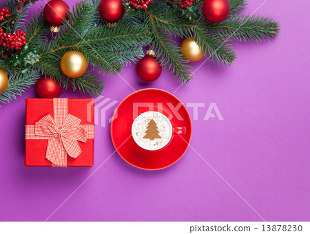 cappuccino and christmas tree shape with gift box cappuccino and christmas tree shape with gift box 13878230