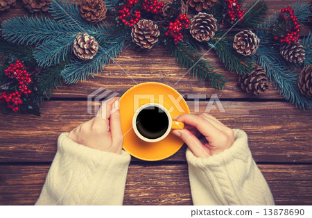 Girl holding cup of coffee near Pine branches Girl holding cup of coffee near Pine branches 13878690