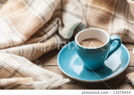 blue cup of the coffee and vintage scarf. blue cup of the coffee and vintage scarf. 13879493