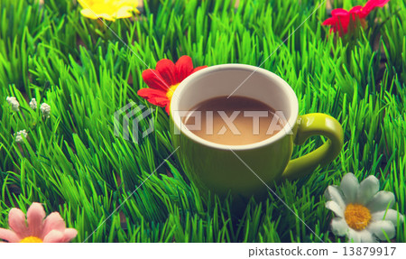 Cup of coffee on green grass. Cup of coffee on green grass. 13879917