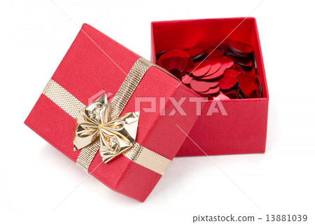 Red hearts confetti in box on white background Red hearts confetti in box on white background 13881039