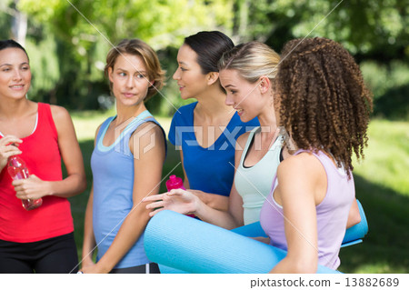Fitness group chatting in park 13882689