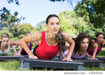 Fitness group using steps in park 13883026