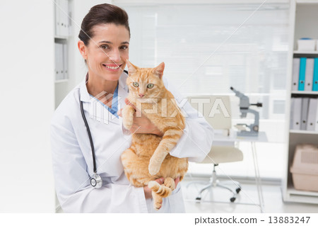 Smiling veterinarian with a cute cat in her arms Smiling veterinarian with a cute cat in her arms 13883247