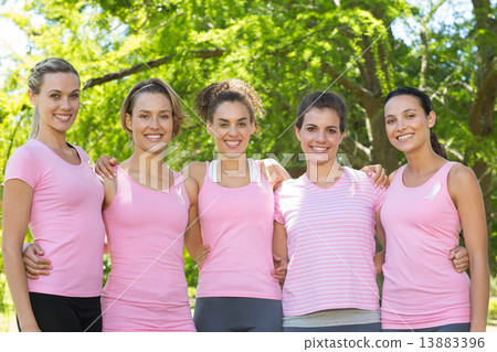 Smiling women in pink for breast cancer awareness 13883396