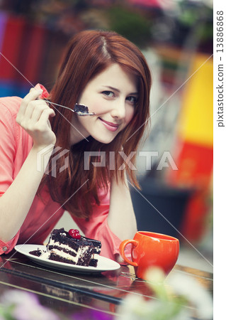 Style redhead girl with cup and cake Style redhead girl with cup and cake 13886868