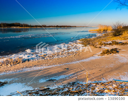 Aerial view the floating ice blocks in river Aerial view the floating ice blocks in river 13890100