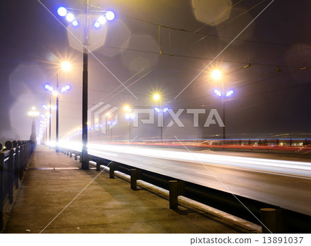 Stone Bridge lights in fog ,Riga Stone Bridge lights in fog ,Riga 13891037