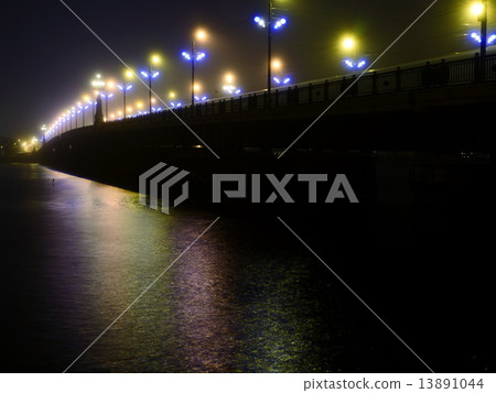 Stone Bridge lights in fog ,Riga 13891044