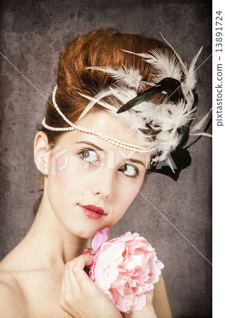 Redhead girl with Rococo hair style and flower at vintage backgr 13891724