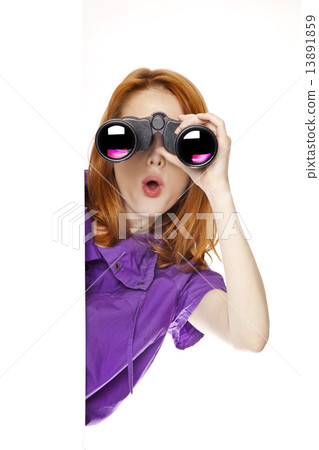 Teen redhead girl with binoculars isolated on white background Teen redhead girl with binoculars isolated on white background 13891859