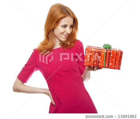 Girl in red with present box. Girl in red with present box. 13891862