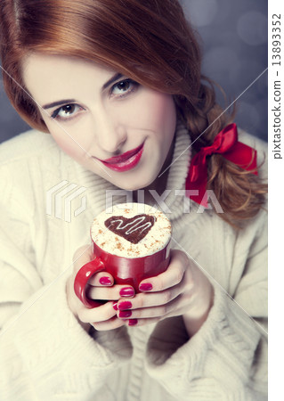 Redhead girl with red coffee cup at. St. Valentine's Day Redhead girl with red coffee cup at. St. Valentine's Day 13893352