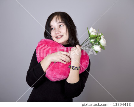 Funny girl with heart and flowers. 13894418