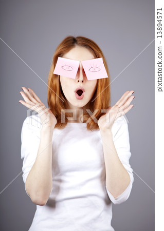 Portrait of girl with colorful funny stickers. Portrait of girl with colorful funny stickers. 13894571