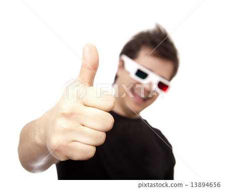 Men in stereo glasses show OK symbol. 13894656