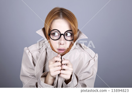 Hiding red-haired girl in glasses and cloak. 13894823