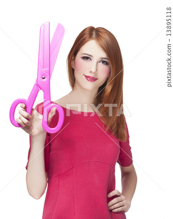 Redhead girl with big scissors Redhead girl with big scissors 13895118