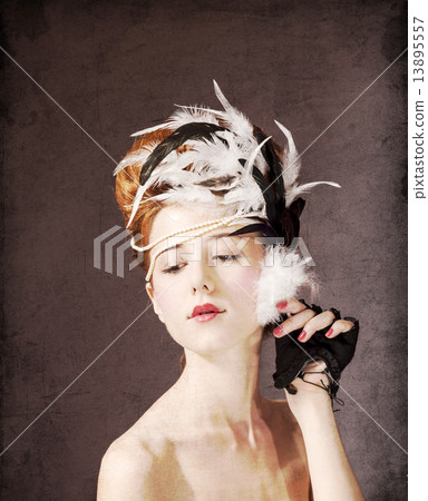 Redhead girl with Rococo hair style at vintage background. 13895557