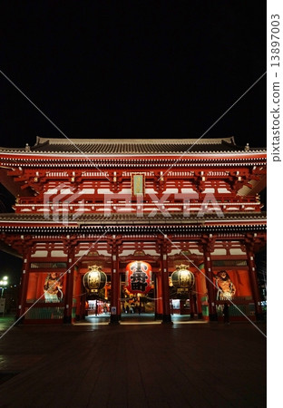 Night view in Tokyo · Asakusa temple lighted up Night view with Takarazumon · Vertical position 13897003