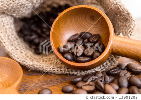 coffee beans in coffee bag made from burlap coffee beans in coffee bag made from burlap 13901292