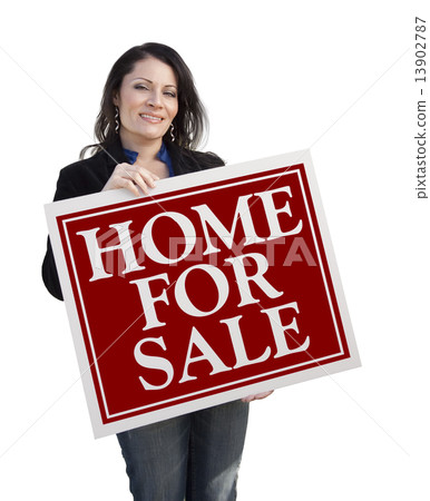 Hispanic Woman Holding Home For Sale Real Estate Sign 13902787