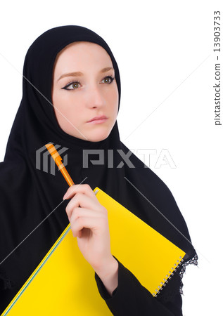 Young muslim student with books on white 13903733