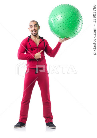 Man with swiss ball doing exercises on white Man with swiss ball doing exercises on white 13903766