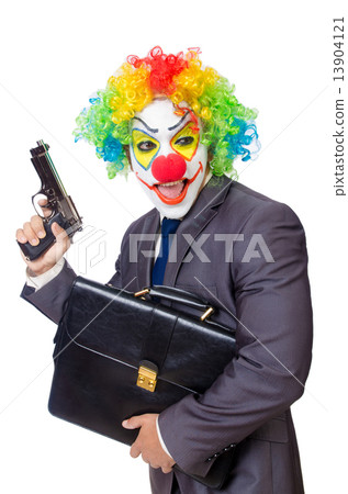 Businessman clown with gun isolated on white Businessman clown with gun isolated on white 13904121
