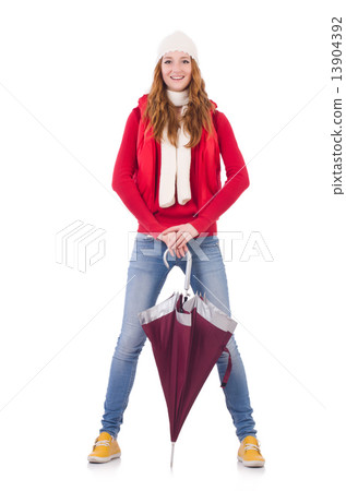 Young woman with umbrella on white 13904392