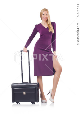 Woman preparing for vacation with suitcase on white 13904654