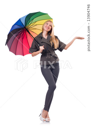 Woman with umbrella isolated on white 13904746