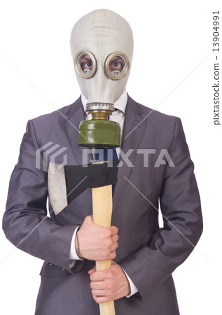 Businessman wearing gas mask isolated on white Businessman wearing gas mask isolated on white 13904991