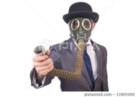 Businessman wearing gas mask isolated on white Businessman wearing gas mask isolated on white 13905000