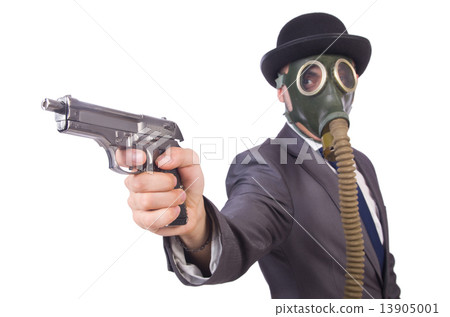 Businessman wearing gas mask isolated on white Businessman wearing gas mask isolated on white 13905001