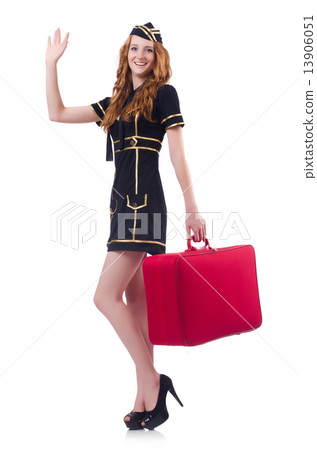 Woman travel attendant with suitcase on white 13906051