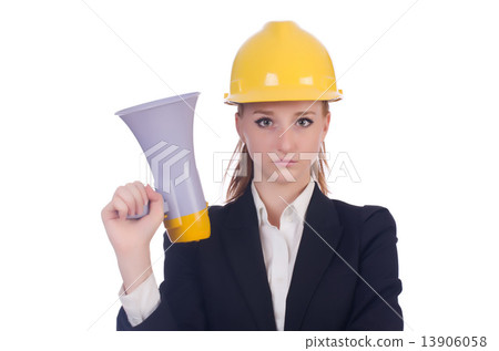 Young businesswoman with hard hat on white 13906058