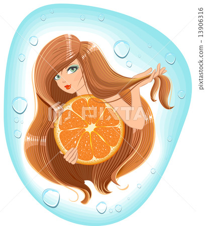Girl with long hair holds an orange. Template label for packing shampoo Girl with long hair holds an orange. Template label for packing shampoo 13906316