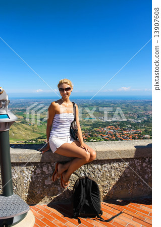 Attractive girl on the observation deck fortresses of San Marino 13907608