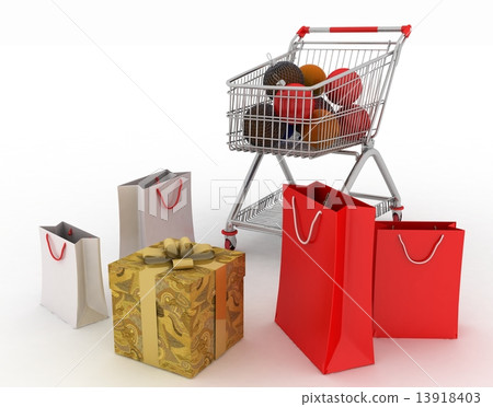 Beautiful bright Christmas balls and gifts in shopping cart and paper bags isolated on white 13918403