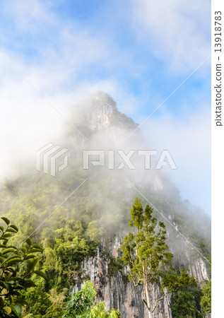 Lush high mountains covered by mist Lush high mountains covered by mist 13918783