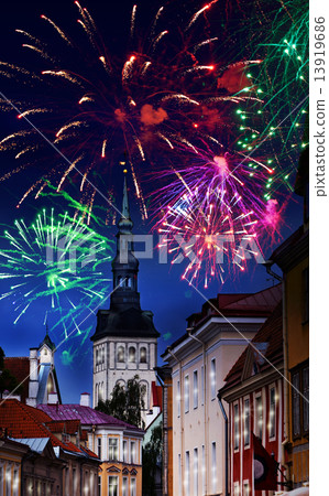 Festive fireworks over the Old city in Tallinn, Estonia. Festive fireworks over the Old city in Tallinn, Estonia. 13919686