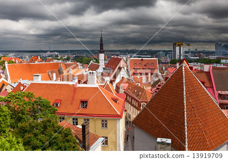 View of Old city's roofs in a thunder-storm. Tallinn. Estonia. View of Old city's roofs in a thunder-storm. Tallinn. Estonia. 13919709