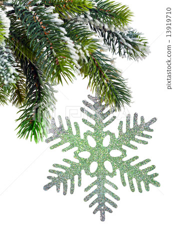 New Year's snow-covered branch of a Christmas tree and decorative snowflake New Year's snow-covered branch of a Christmas tree and decorative snowflake 13919710