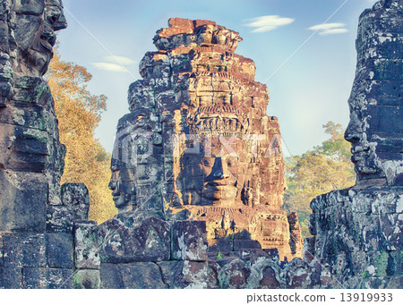 Sunlit Bayon temple statues, Angkor, Cambodia Sunlit Bayon temple statues, Angkor, Cambodia 13919933